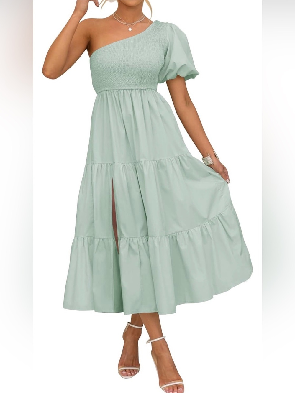 NWT Zesica One-Shoulder Mint Green Midi Dress Puff Sleeve & Smocked Bodice, Med